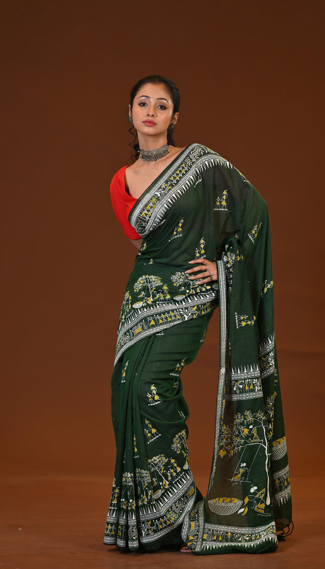 Green Khadi Tree Print Daily Wear Saree
