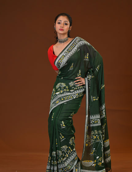 Green Khadi Tree Print Daily Wear Saree