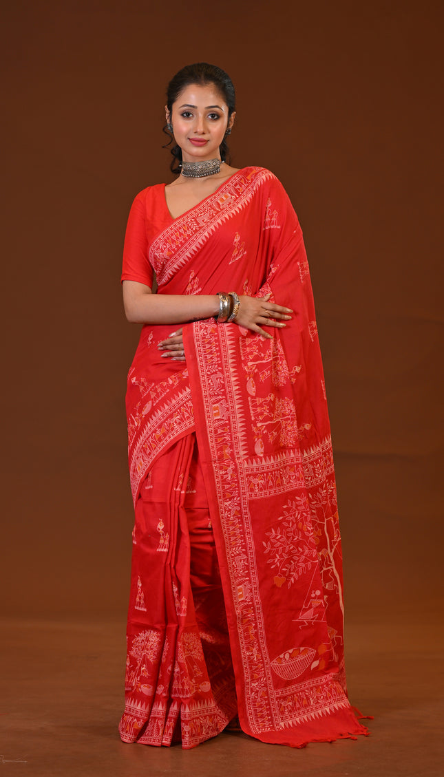 Khadi Tree Print Daily Wear Red Saree