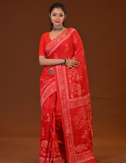 Khadi Tree Print Daily Wear Red Saree