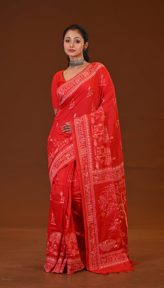 Khadi Tree Print Daily Wear Red Saree
