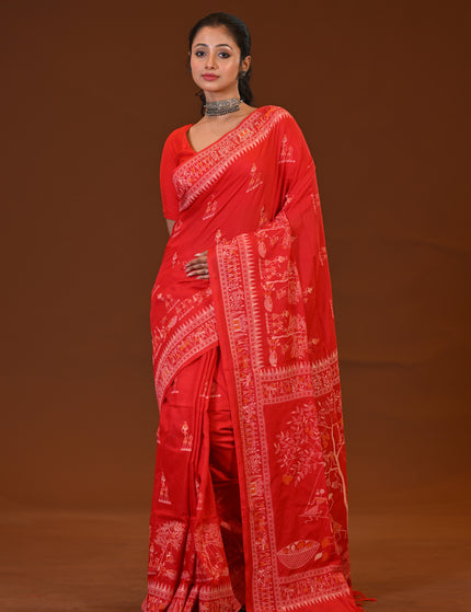 Khadi Tree Print Daily Wear Red Saree