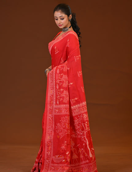 Khadi Tree Print Daily Wear Red Saree