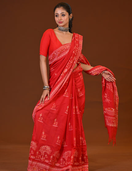 Khadi Tree Print Daily Wear Red Saree