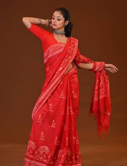 Khadi Tree Print Daily Wear Red Saree