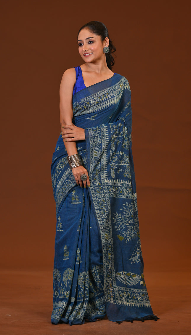 Navy Blue Khadi Tree Print Daily Wear Saree