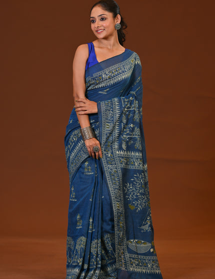Navy Blue Khadi Tree Print Daily Wear Saree