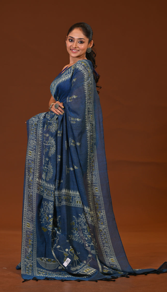 Navy Blue Khadi Tree Print Daily Wear Saree