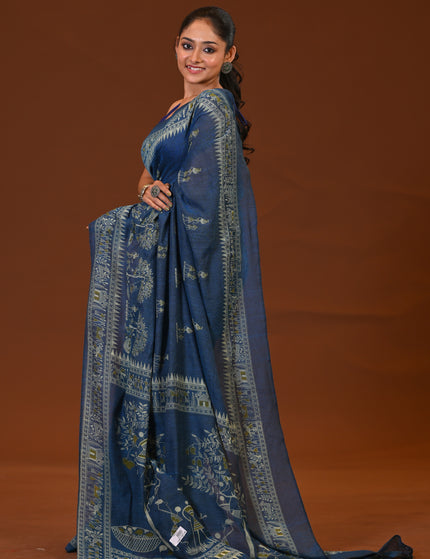 Navy Blue Khadi Tree Print Daily Wear Saree
