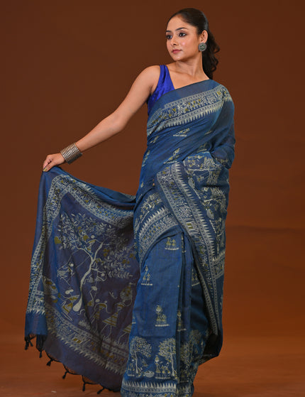 Navy Blue Khadi Tree Print Daily Wear Saree
