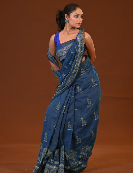 Navy Blue Khadi Tree Print Daily Wear Saree