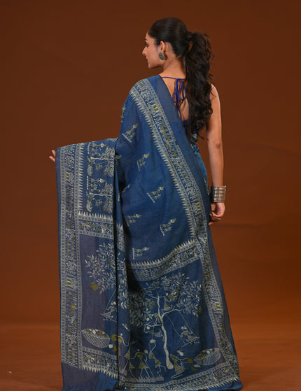 Navy Blue Khadi Tree Print Daily Wear Saree