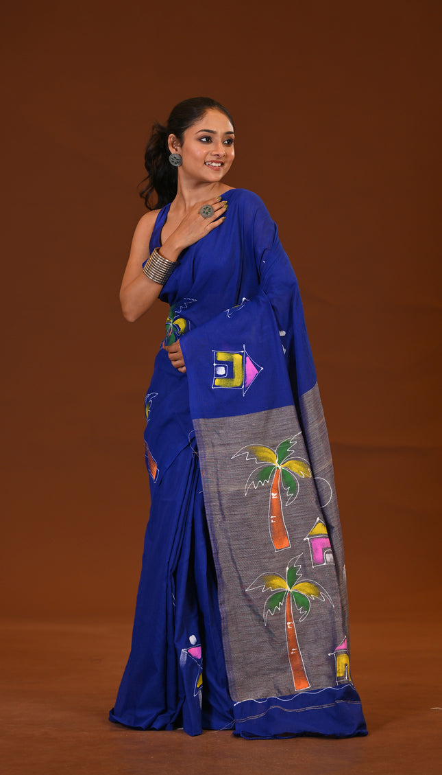 Traditional Blue Khadi Saree | Ghor-Bari Print
