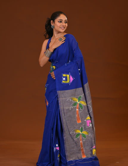 Traditional Blue Khadi Saree | Ghor-Bari Print