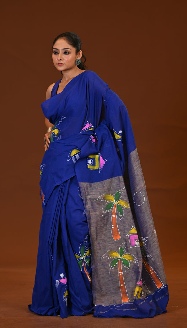 Traditional Blue Khadi Saree | Ghor-Bari Print