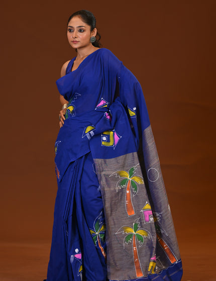 Traditional Blue Khadi Saree | Ghor-Bari Print