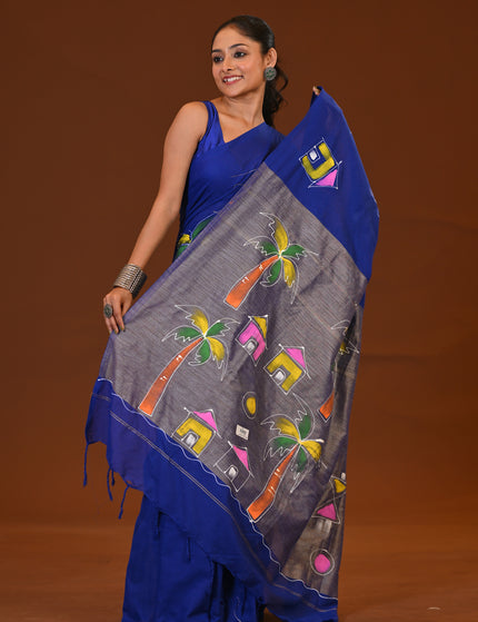 Traditional Blue Khadi Saree | Ghor-Bari Print