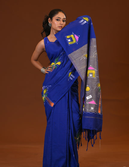 Traditional Blue Khadi Saree | Ghor-Bari Print