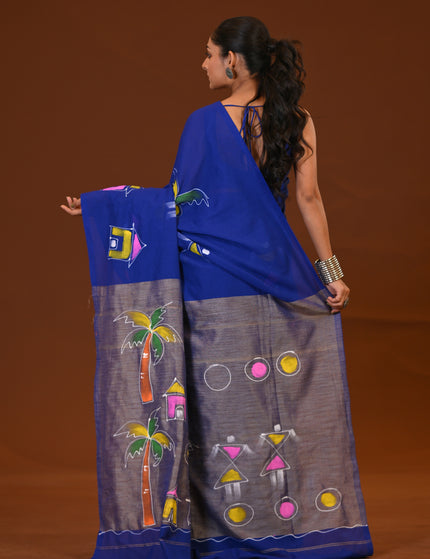 Traditional Blue Khadi Saree | Ghor-Bari Print