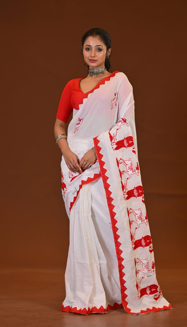 Khadi Cotton Sakuntala Saree With Red Border