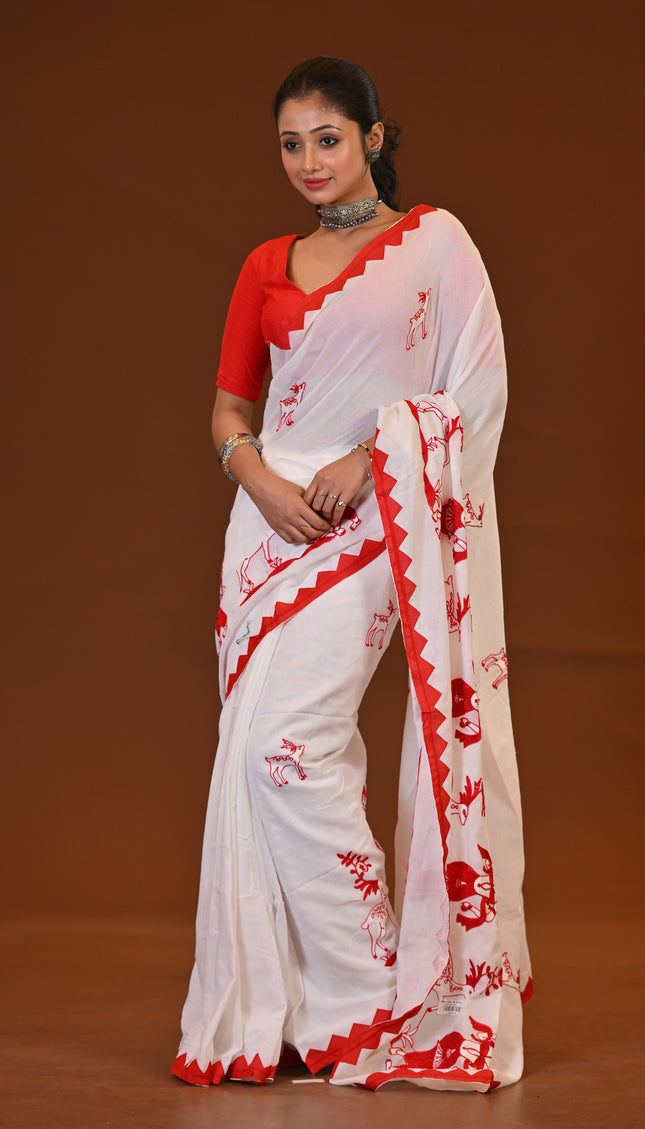 Khadi Cotton Sakuntala Saree With Red Border