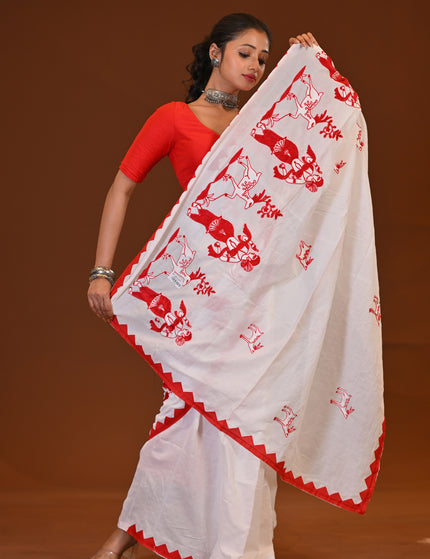 Khadi Cotton Sakuntala Saree With Red Border