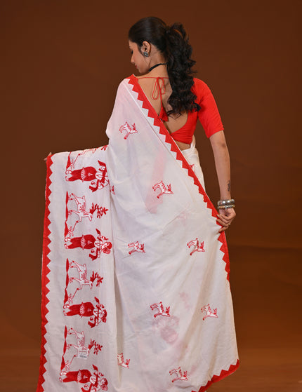 Khadi Cotton Sakuntala Saree With Red Border