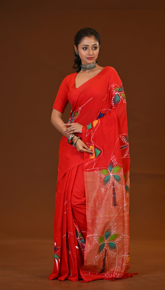 Red Traditional Khadi Saree | Ghor-Bari Print