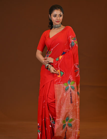 Red Traditional Khadi Saree | Ghor-Bari Print