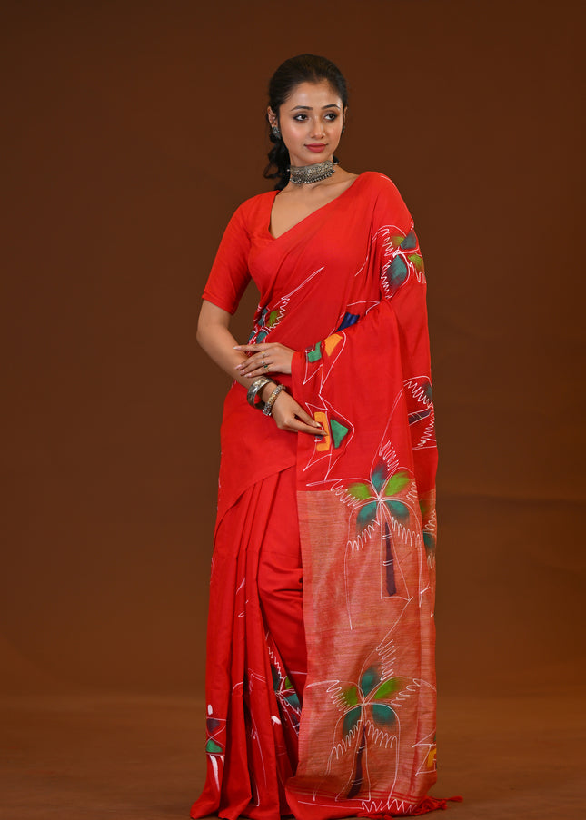 Red Traditional Khadi Saree | Ghor-Bari Print