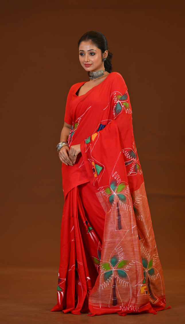 Red Traditional Khadi Saree | Ghor-Bari Print