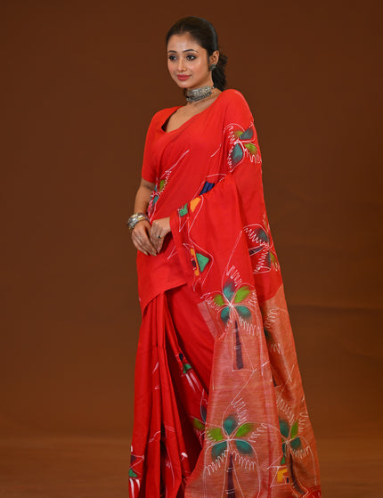 Red Traditional Khadi Saree | Ghor-Bari Print
