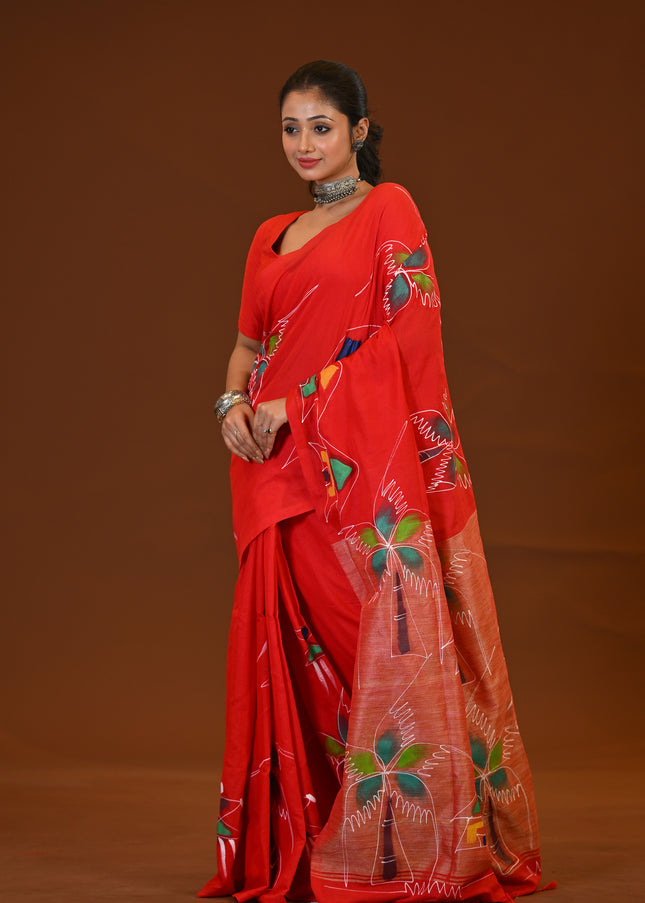 Red Traditional Khadi Saree | Ghor-Bari Print