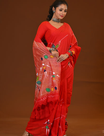 Red Traditional Khadi Saree | Ghor-Bari Print