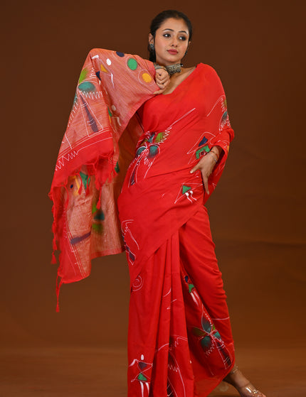 Red Traditional Khadi Saree | Ghor-Bari Print