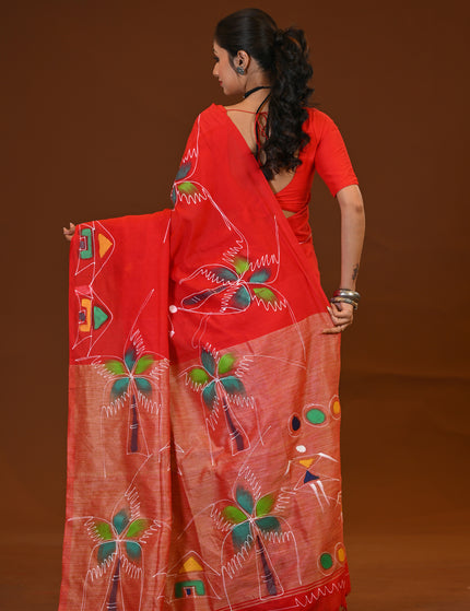 Red Traditional Khadi Saree | Ghor-Bari Print