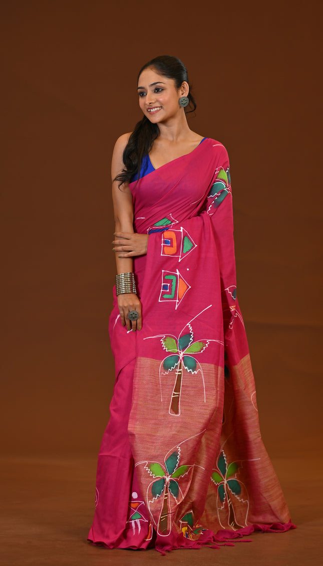 Pink Khadi Cotton Saree With Gold Pallu | Ghor Bari Print
