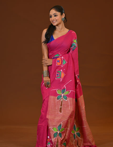 Pink Khadi Cotton Saree With Gold Pallu | Ghor Bari Print