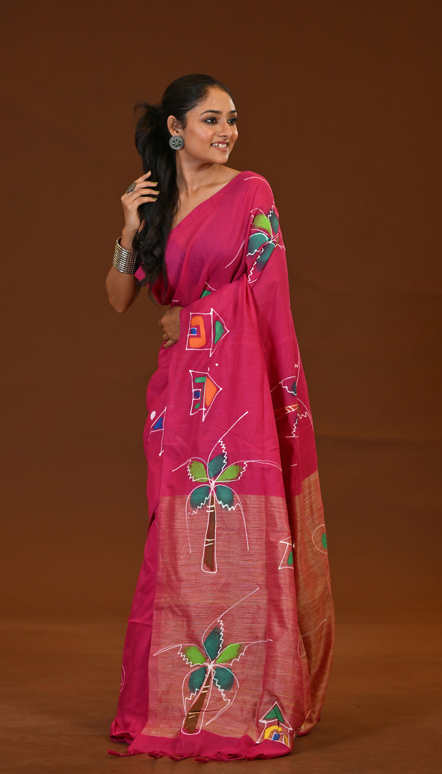 Pink Khadi Cotton Saree With Gold Pallu | Ghor Bari Print