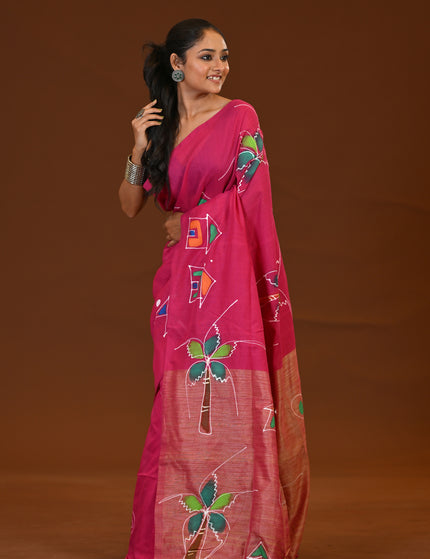 Pink Khadi Cotton Saree With Gold Pallu | Ghor Bari Print