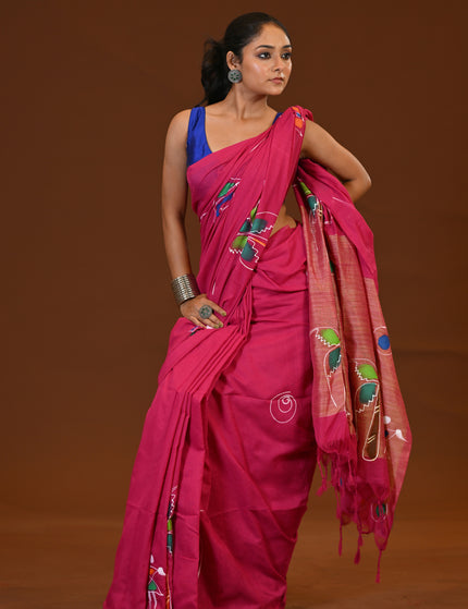 Pink Khadi Cotton Saree With Gold Pallu | Ghor Bari Print