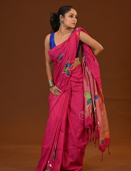 Pink Khadi Cotton Saree With Gold Pallu | Ghor Bari Print