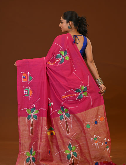 Pink Khadi Cotton Saree With Gold Pallu | Ghor Bari Print