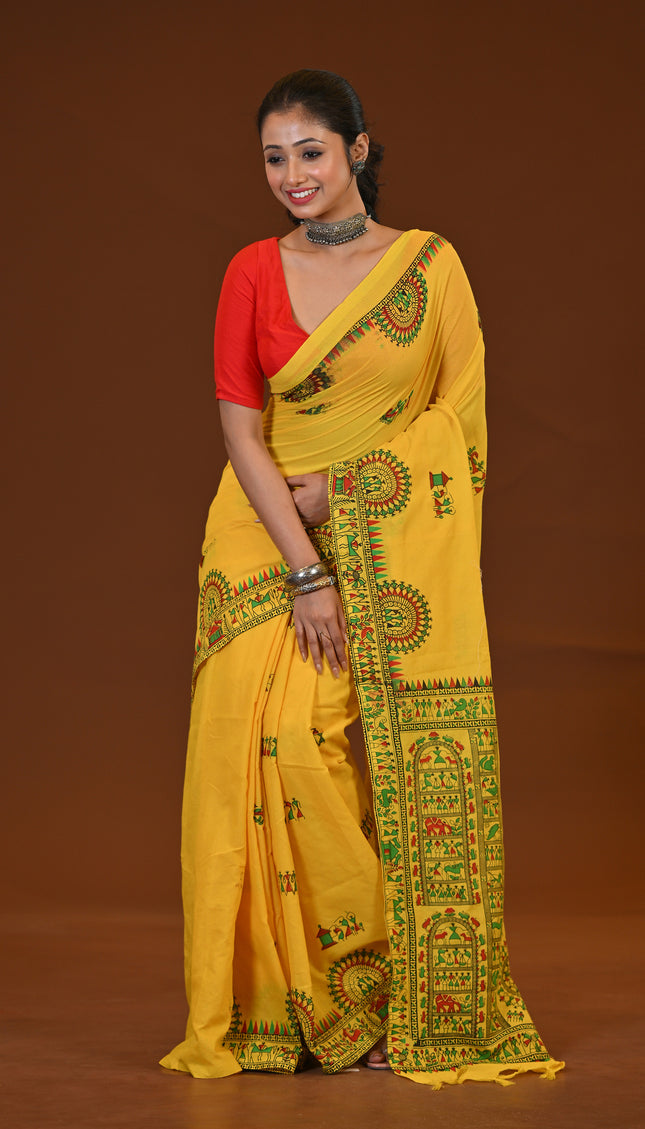 Traditional Yellow Khadi Saree | Madhubani Print