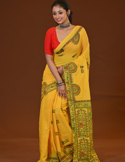 Traditional Yellow Khadi Saree | Madhubani Print
