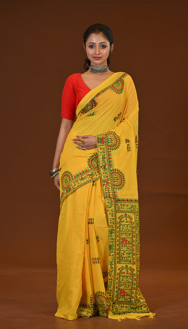 Traditional Yellow Khadi Saree | Madhubani Print
