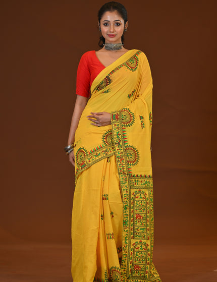 Traditional Yellow Khadi Saree | Madhubani Print