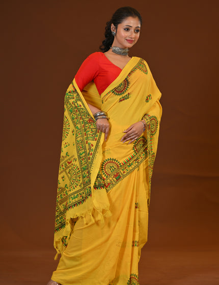 Traditional Yellow Khadi Saree | Madhubani Print