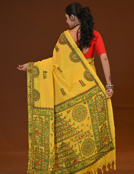 Traditional Yellow Khadi Saree | Madhubani Print