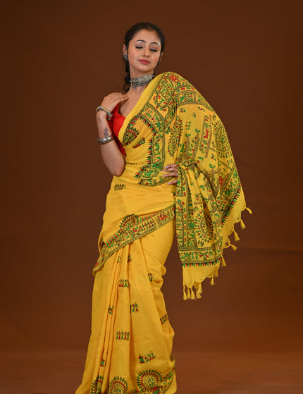 Traditional Yellow Khadi Saree | Madhubani Print